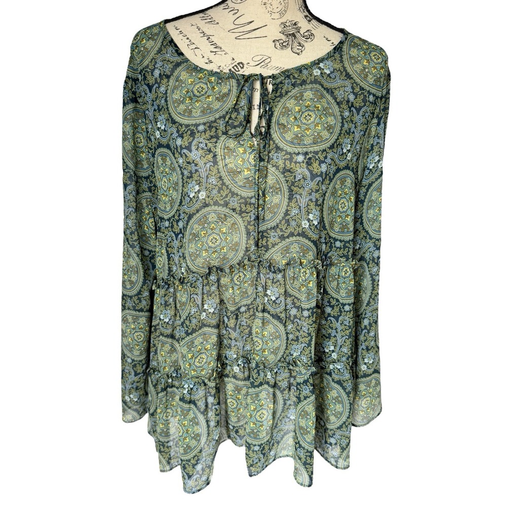 Loft Blouse Paisley Sheer XL‎ Green Boho Peasant Baby Doll Tiered Bell Sleeve - Picture 5 of 14